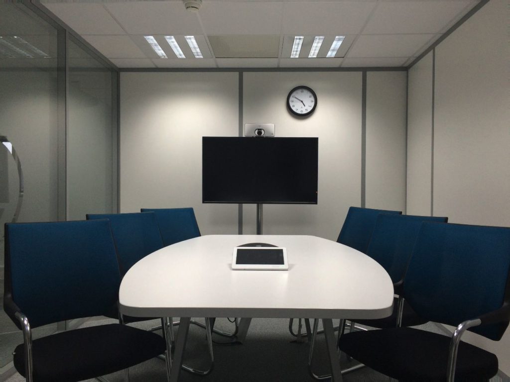 A Zoom Rooms audio visual setup in a small conference room